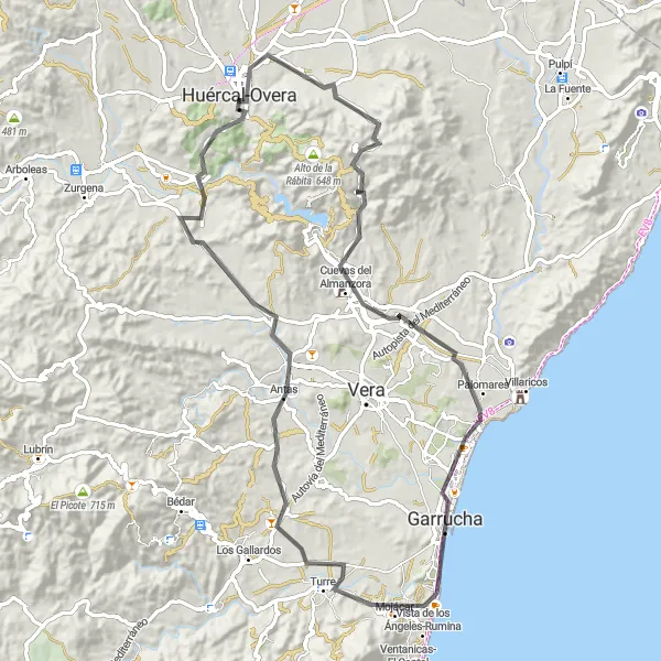 Miniatua del mapa de inspiración ciclista "Ruta en Carretera Cuevas del Almanzora y Garrucha" en Andalucía, Spain. Generado por Tarmacs.app planificador de rutas ciclistas