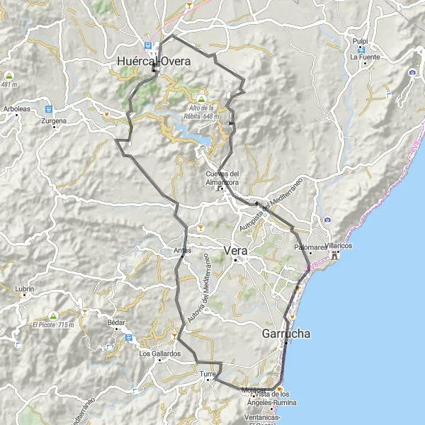 Map miniature of "Road Cycling Paradise from Huércal-Overa" cycling inspiration in Andalucía, Spain. Generated by Tarmacs.app cycling route planner