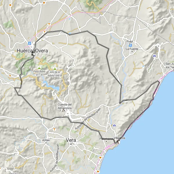 Map miniature of "Huércal-Overa to Guazamara Loop" cycling inspiration in Andalucía, Spain. Generated by Tarmacs.app cycling route planner