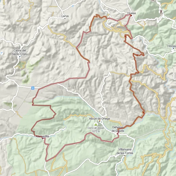 Miniature de la carte de l'inspiration cycliste "Exploration des Dehesas de Guadix" dans la Andalucía, Spain. Générée par le planificateur d'itinéraire cycliste Tarmacs.app