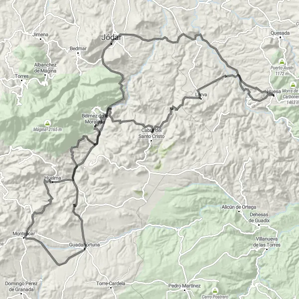 Miniaturní mapa "Cyklotrasa Huesa - Larva - Cabra del Santo Cristo - Guadahortuna - Montejícar - Cerro del Peñón - Huelma - Bélmez de la Moraleda - Jódar" inspirace pro cyklisty v oblasti Andalucía, Spain. Vytvořeno pomocí plánovače tras Tarmacs.app