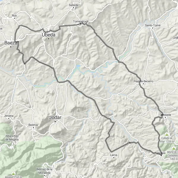 Miniatura della mappa di ispirazione al ciclismo "Percorso Ciclabile Stradale vicino a Huesa" nella regione di Andalucía, Spain. Generata da Tarmacs.app, pianificatore di rotte ciclistiche