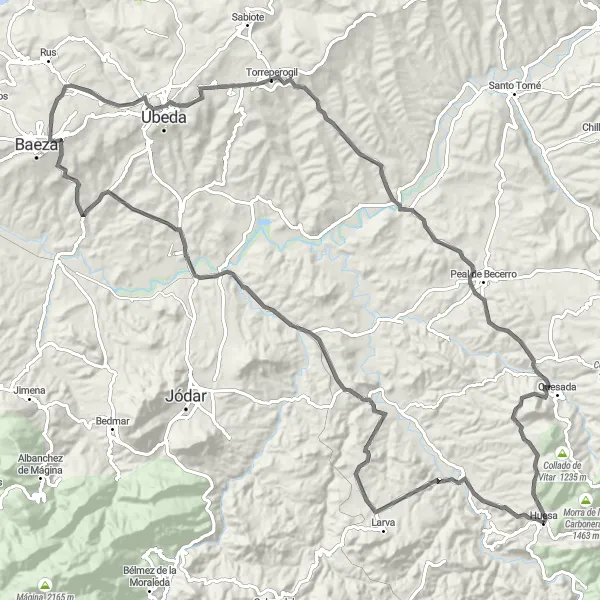 Miniatuurkaart van de fietsinspiratie "De Bergachtige Weg van Huesa" in Andalucía, Spain. Gemaakt door de Tarmacs.app fietsrouteplanner