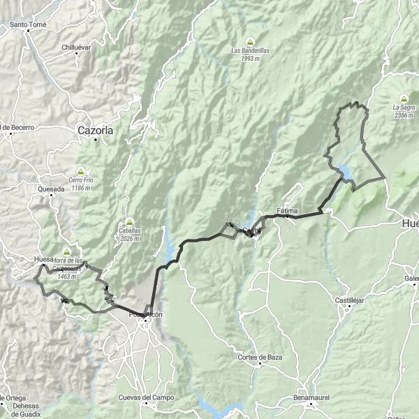 Karten-Miniaturansicht der Radinspiration "Bergige Straßenfahrt um Huesa" in Andalucía, Spain. Erstellt vom Tarmacs.app-Routenplaner für Radtouren