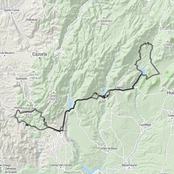 Miniatura della mappa di ispirazione al ciclismo "Tour ciclistico verso Castillo de Tiscar, Castril, Cerrón Chico e Pozo Alcón" nella regione di Andalucía, Spain. Generata da Tarmacs.app, pianificatore di rotte ciclistiche