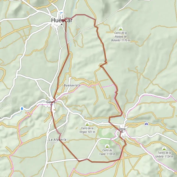 Map miniature of "Discover Gravel Gems: Huéscar Short Circuit" cycling inspiration in Andalucía, Spain. Generated by Tarmacs.app cycling route planner