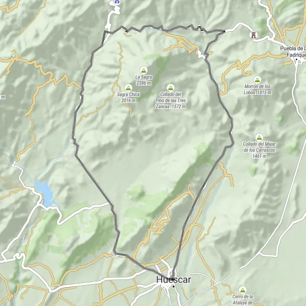 Map miniature of "Huéscar and Cerro de la Cruz Road Route" cycling inspiration in Andalucía, Spain. Generated by Tarmacs.app cycling route planner