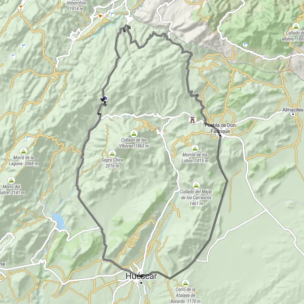 Miniatura della mappa di ispirazione al ciclismo "Giro su strada tra La Sagra e Huéscar" nella regione di Andalucía, Spain. Generata da Tarmacs.app, pianificatore di rotte ciclistiche