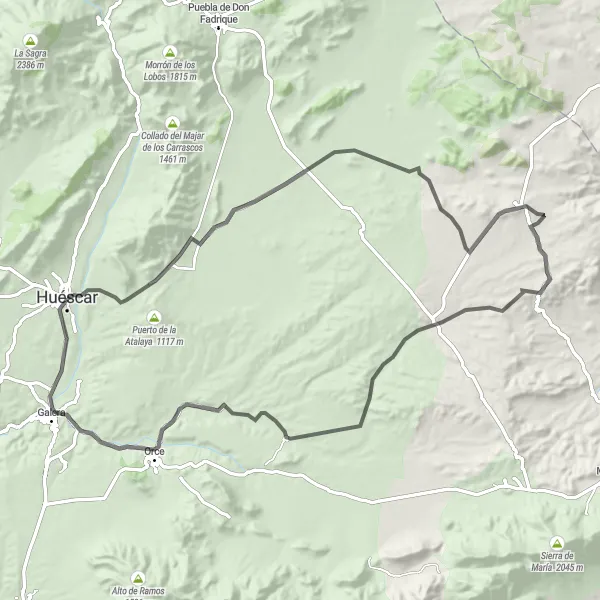 Map miniature of "Huéscar and Alcazaba de las Siete Torres Road Route" cycling inspiration in Andalucía, Spain. Generated by Tarmacs.app cycling route planner