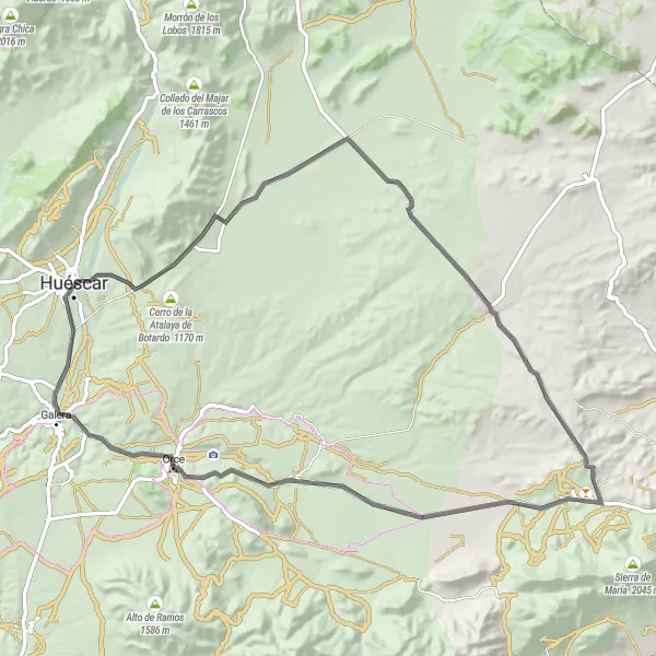Miniaturní mapa "Trasa Torres de la Umbría - Orce - Mirador de Santa Ana - Huéscar" inspirace pro cyklisty v oblasti Andalucía, Spain. Vytvořeno pomocí plánovače tras Tarmacs.app