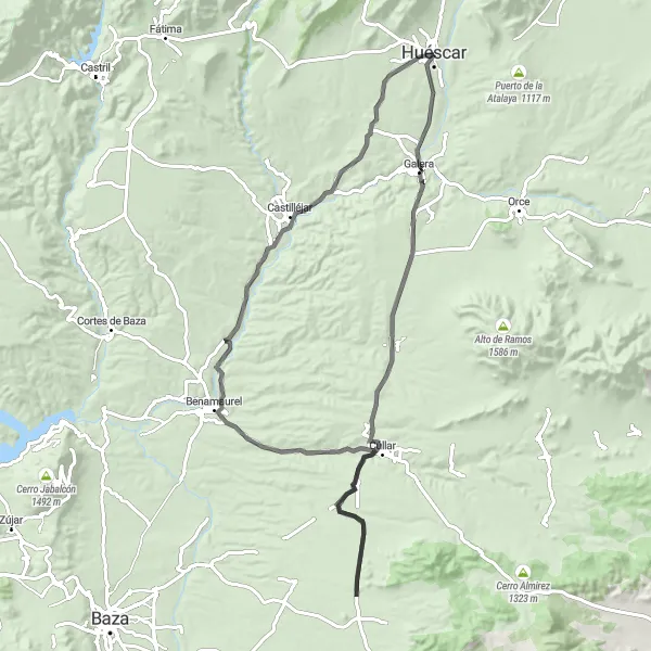 Map miniature of "Huéscar and Mirador de Santa Ana Road Route" cycling inspiration in Andalucía, Spain. Generated by Tarmacs.app cycling route planner