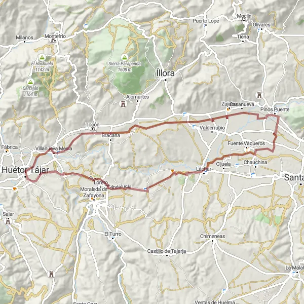 Miniatuurkaart van de fietsinspiratie "Gravelavontuur door het platteland" in Andalucía, Spain. Gemaakt door de Tarmacs.app fietsrouteplanner