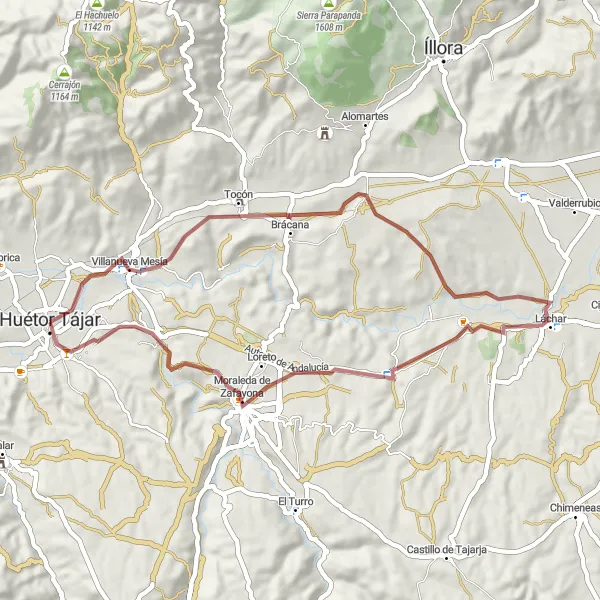 Map miniature of "Gravel Experience to Láchar" cycling inspiration in Andalucía, Spain. Generated by Tarmacs.app cycling route planner