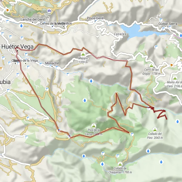Miniaturní mapa "Gravel route by Huétor Vega" inspirace pro cyklisty v oblasti Andalucía, Spain. Vytvořeno pomocí plánovače tras Tarmacs.app