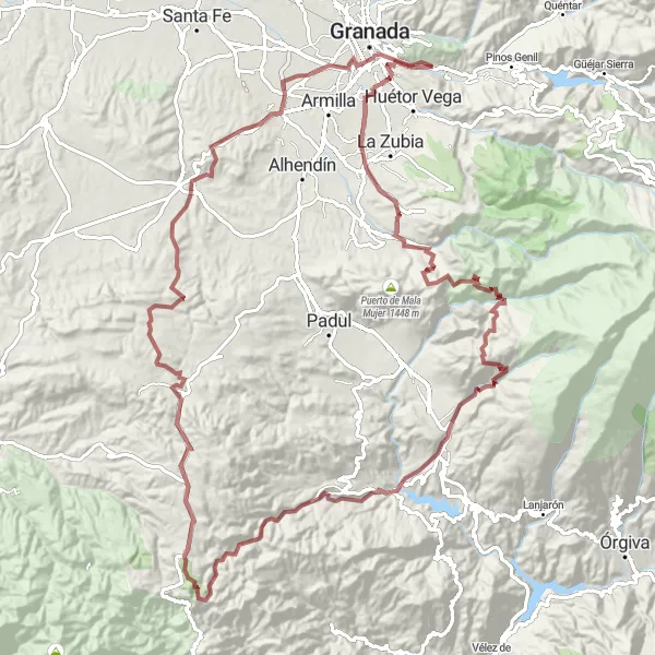Miniatura della mappa di ispirazione al ciclismo "Tour gravel lungo percorsi collinari e panoramici verso La Malahá" nella regione di Andalucía, Spain. Generata da Tarmacs.app, pianificatore di rotte ciclistiche