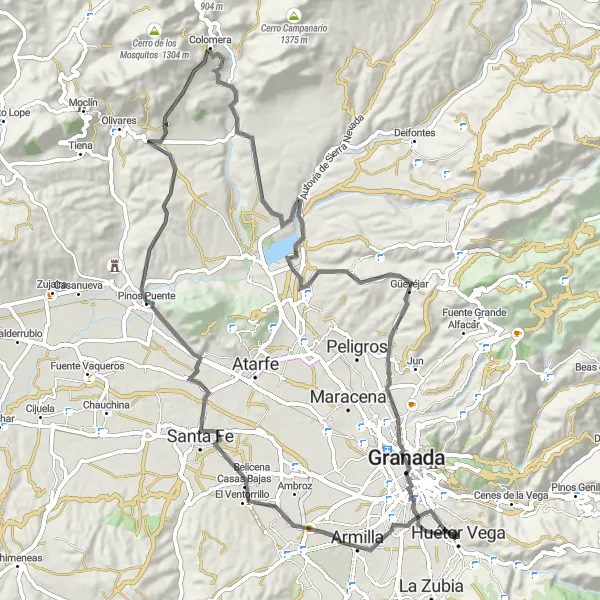 Map miniature of "Cúllar Vega to Granada Road Loop" cycling inspiration in Andalucía, Spain. Generated by Tarmacs.app cycling route planner