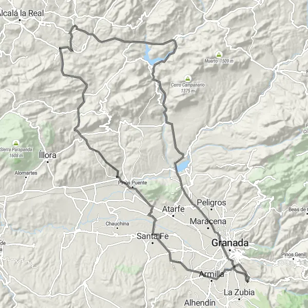 Miniature de la carte de l'inspiration cycliste "Tour panoramique à travers les montagnes de Grenade" dans la Andalucía, Spain. Générée par le planificateur d'itinéraire cycliste Tarmacs.app