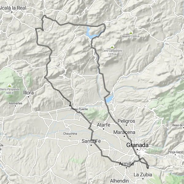 Miniaturní mapa "Náročná cyklotrasa Sierra Elvira" inspirace pro cyklisty v oblasti Andalucía, Spain. Vytvořeno pomocí plánovače tras Tarmacs.app