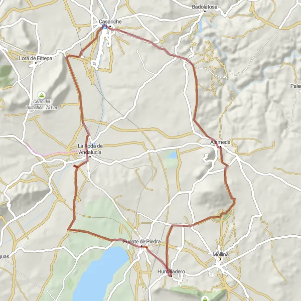 Miniatura della mappa di ispirazione al ciclismo "Giro in bicicletta sterrato pittoresco" nella regione di Andalucía, Spain. Generata da Tarmacs.app, pianificatore di rotte ciclistiche