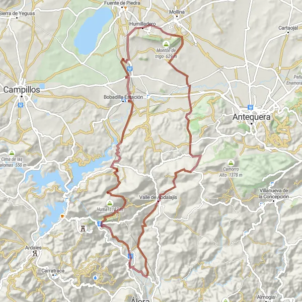 Miniatura della mappa di ispirazione al ciclismo "Rotta Montagnosa tra Humilladero e Bobadilla Estación" nella regione di Andalucía, Spain. Generata da Tarmacs.app, pianificatore di rotte ciclistiche
