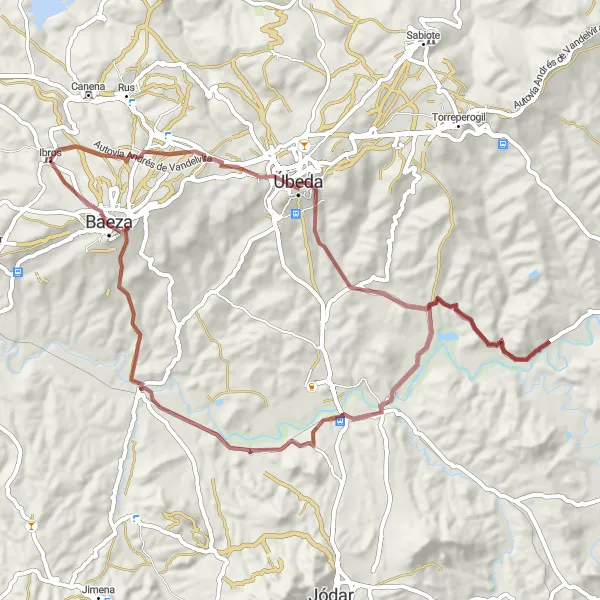 Map miniature of "Scenic Gravel Ride from Ibros to Úbeda" cycling inspiration in Andalucía, Spain. Generated by Tarmacs.app cycling route planner