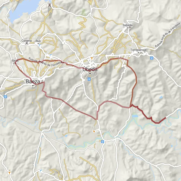 Map miniature of "Gravel Adventure to Baeza" cycling inspiration in Andalucía, Spain. Generated by Tarmacs.app cycling route planner