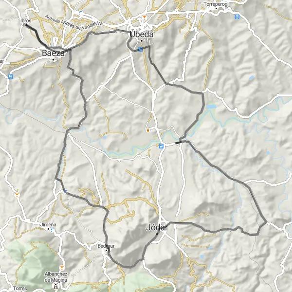 Miniatua del mapa de inspiración ciclista "Ruta en carretera por Jódar, Castillo de Bedmar y Baeza" en Andalucía, Spain. Generado por Tarmacs.app planificador de rutas ciclistas