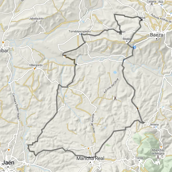 Map miniature of "The Sierra de Cazorla Challenge" cycling inspiration in Andalucía, Spain. Generated by Tarmacs.app cycling route planner