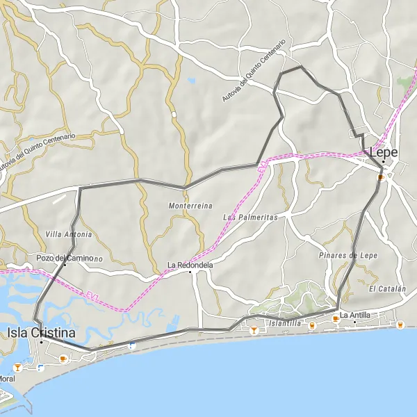 Map miniature of "Isla Cristina - Lepe - Islantilla" cycling inspiration in Andalucía, Spain. Generated by Tarmacs.app cycling route planner