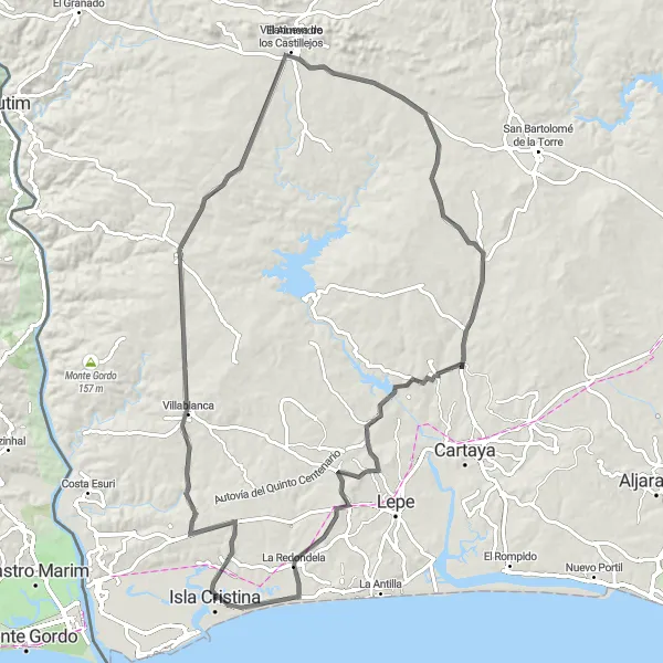 Miniaturní mapa "Cestování po vesnických cestách okolo Isla Cristina" inspirace pro cyklisty v oblasti Andalucía, Spain. Vytvořeno pomocí plánovače tras Tarmacs.app