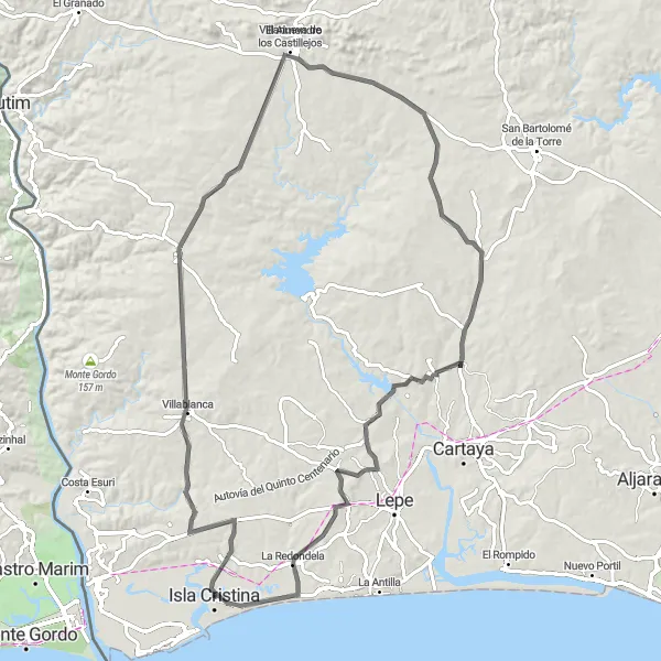 Miniatura della mappa di ispirazione al ciclismo "Avventura epica da Isla Cristina a Casa de Blas Infante" nella regione di Andalucía, Spain. Generata da Tarmacs.app, pianificatore di rotte ciclistiche