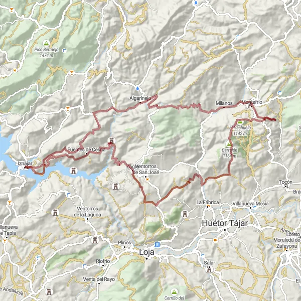 Map miniature of "Gravel Cycling Route - Algarinejo and Montefrío" cycling inspiration in Andalucía, Spain. Generated by Tarmacs.app cycling route planner