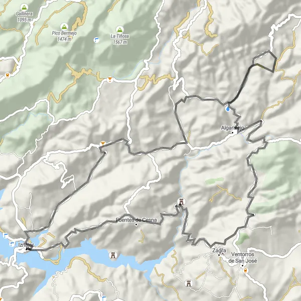 Miniatua del mapa de inspiración ciclista "Ruta de Algarinejo y Castillo" en Andalucía, Spain. Generado por Tarmacs.app planificador de rutas ciclistas