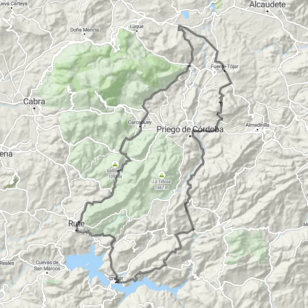 Miniatua del mapa de inspiración ciclista "Desafío en las montañas de Córdoba" en Andalucía, Spain. Generado por Tarmacs.app planificador de rutas ciclistas