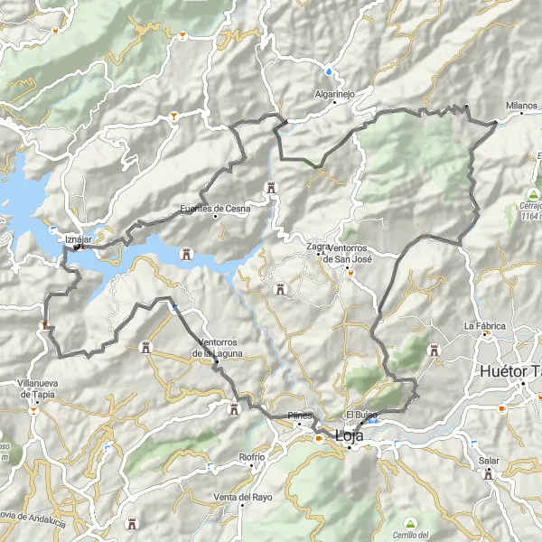 Miniatua del mapa de inspiración ciclista "Ruta al Castillo de Iznájar y Montes Claros" en Andalucía, Spain. Generado por Tarmacs.app planificador de rutas ciclistas