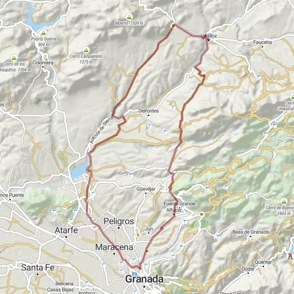 Miniaturekort af cykelinspirationen "Grusvejscykeltur til Cerro de los Guardas fra Iznalloz" i Andalucía, Spain. Genereret af Tarmacs.app cykelruteplanlægger