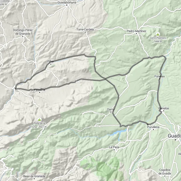 Map miniature of "Road Cycling Adventure around Iznalloz" cycling inspiration in Andalucía, Spain. Generated by Tarmacs.app cycling route planner