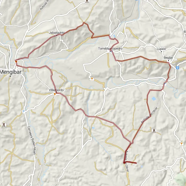 Miniatua del mapa de inspiración ciclista "Ruta de Grava a Torreblascopedro y Villargordo" en Andalucía, Spain. Generado por Tarmacs.app planificador de rutas ciclistas