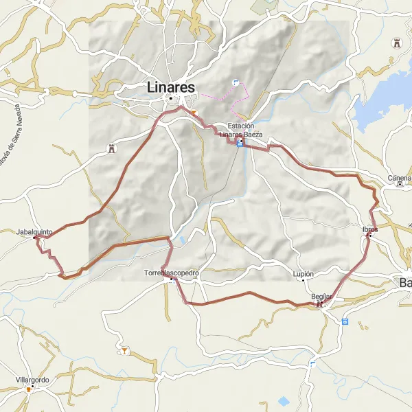 Map miniature of "Gravel Adventure through Jabalquinto" cycling inspiration in Andalucía, Spain. Generated by Tarmacs.app cycling route planner