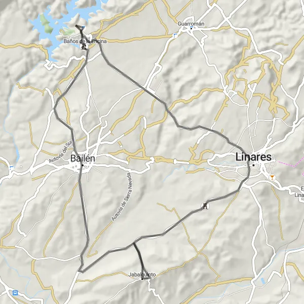 Miniatua del mapa de inspiración ciclista "Ruta en Carretera a Bailén y Linares" en Andalucía, Spain. Generado por Tarmacs.app planificador de rutas ciclistas