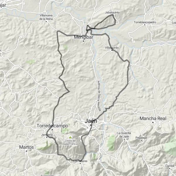 Miniatua del mapa de inspiración ciclista "Ruta de los Pueblos Jaén-Este: Jabalquinto loop" en Andalucía, Spain. Generado por Tarmacs.app planificador de rutas ciclistas