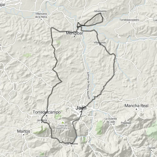 Map miniature of "The Sierra de Jaén Challenge" cycling inspiration in Andalucía, Spain. Generated by Tarmacs.app cycling route planner