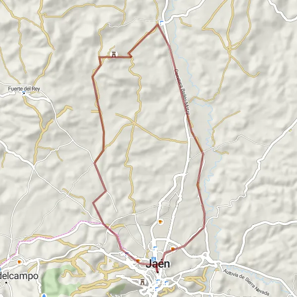 Miniatura della mappa di ispirazione al ciclismo "Giro in bicicletta Gravel da Jaén a Cerro de Muteros" nella regione di Andalucía, Spain. Generata da Tarmacs.app, pianificatore di rotte ciclistiche