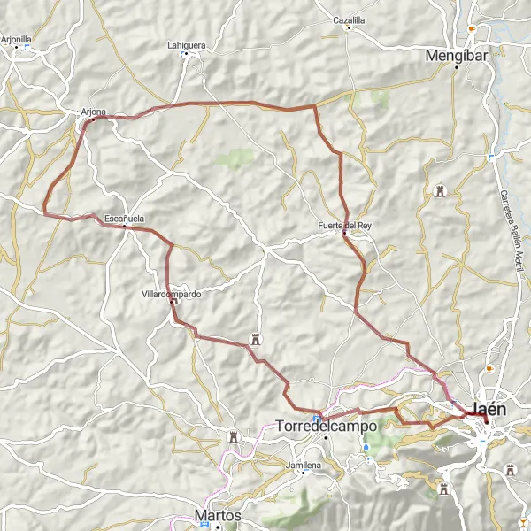 Miniatua del mapa de inspiración ciclista "Ruta de ciclismo en gravel desde Jaén hacia Arjona" en Andalucía, Spain. Generado por Tarmacs.app planificador de rutas ciclistas
