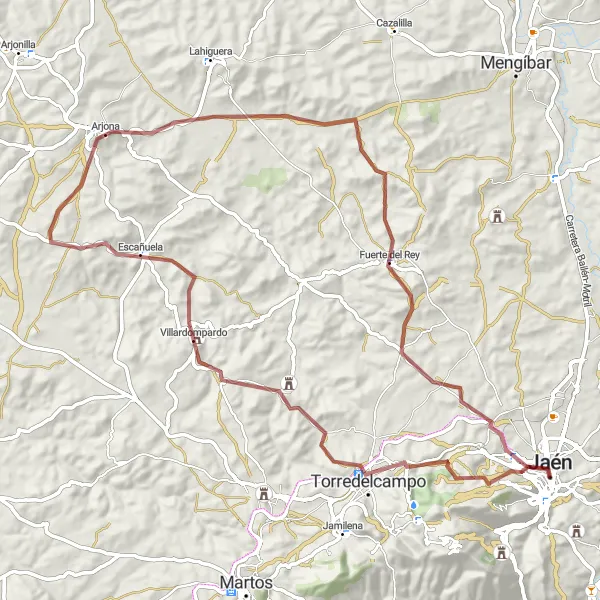 Miniaturekort af cykelinspirationen "Spændende grus tur fra Jaén gennem Jaén, Cerro del Tambor, Torredelcampo, Mirador de la Ladera del Castillo, Arjona, Fuerte del Rey og El Término" i Andalucía, Spain. Genereret af Tarmacs.app cykelruteplanlægger