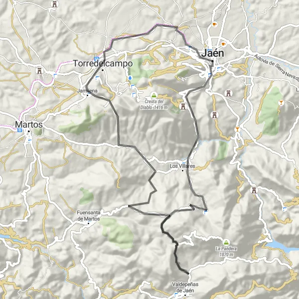 Miniatua del mapa de inspiración ciclista "Ruta de ciclismo en carretera desde Jaén hacia La Peña" en Andalucía, Spain. Generado por Tarmacs.app planificador de rutas ciclistas