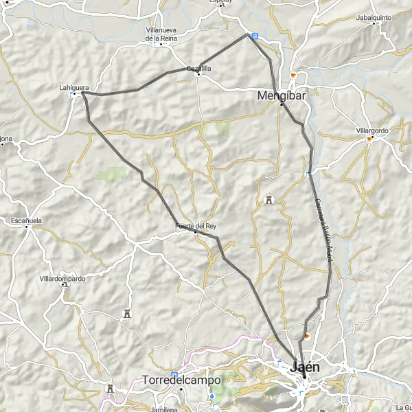 Miniatua del mapa de inspiración ciclista "Ruta en bicicleta de carretera desde Jaén al Fuerte del Rey" en Andalucía, Spain. Generado por Tarmacs.app planificador de rutas ciclistas