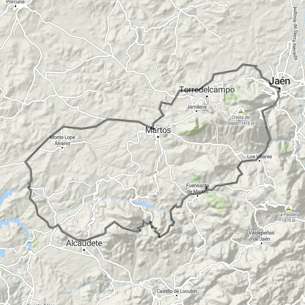 Miniature de la carte de l'inspiration cycliste "Route des Châteaux et Villages d'Andalousie" dans la Andalucía, Spain. Générée par le planificateur d'itinéraire cycliste Tarmacs.app