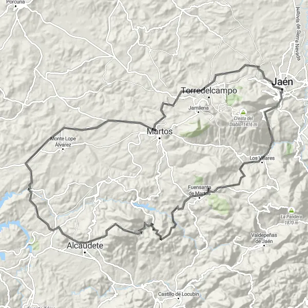 Miniatura della mappa di ispirazione al ciclismo "Avventura tra i picchi di Jaén" nella regione di Andalucía, Spain. Generata da Tarmacs.app, pianificatore di rotte ciclistiche