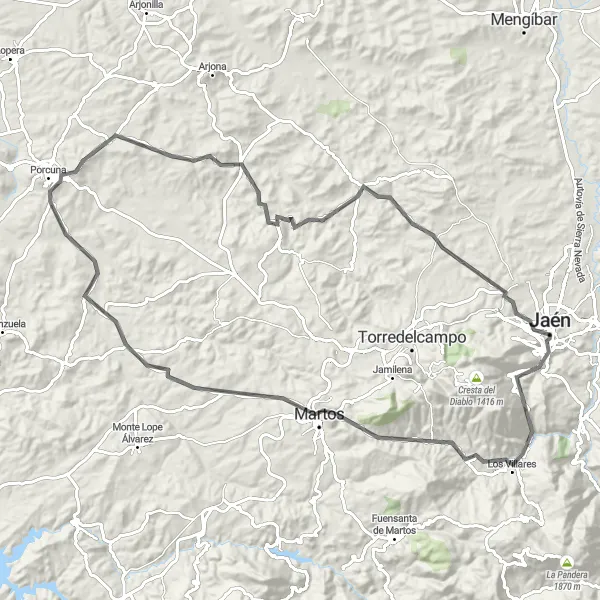 Miniaturekort af cykelinspirationen "Spændende Road Bike rute fra Jaén gennem La Peña, Los Villares, Martos, Higuera de Calatrava, Mirador de la Redonda, Porcuna, Escañuela, Mirador de la Ladera del Castillo og Torre Olvidada til Abrehuí" i Andalucía, Spain. Genereret af Tarmacs.app cykelruteplanlægger